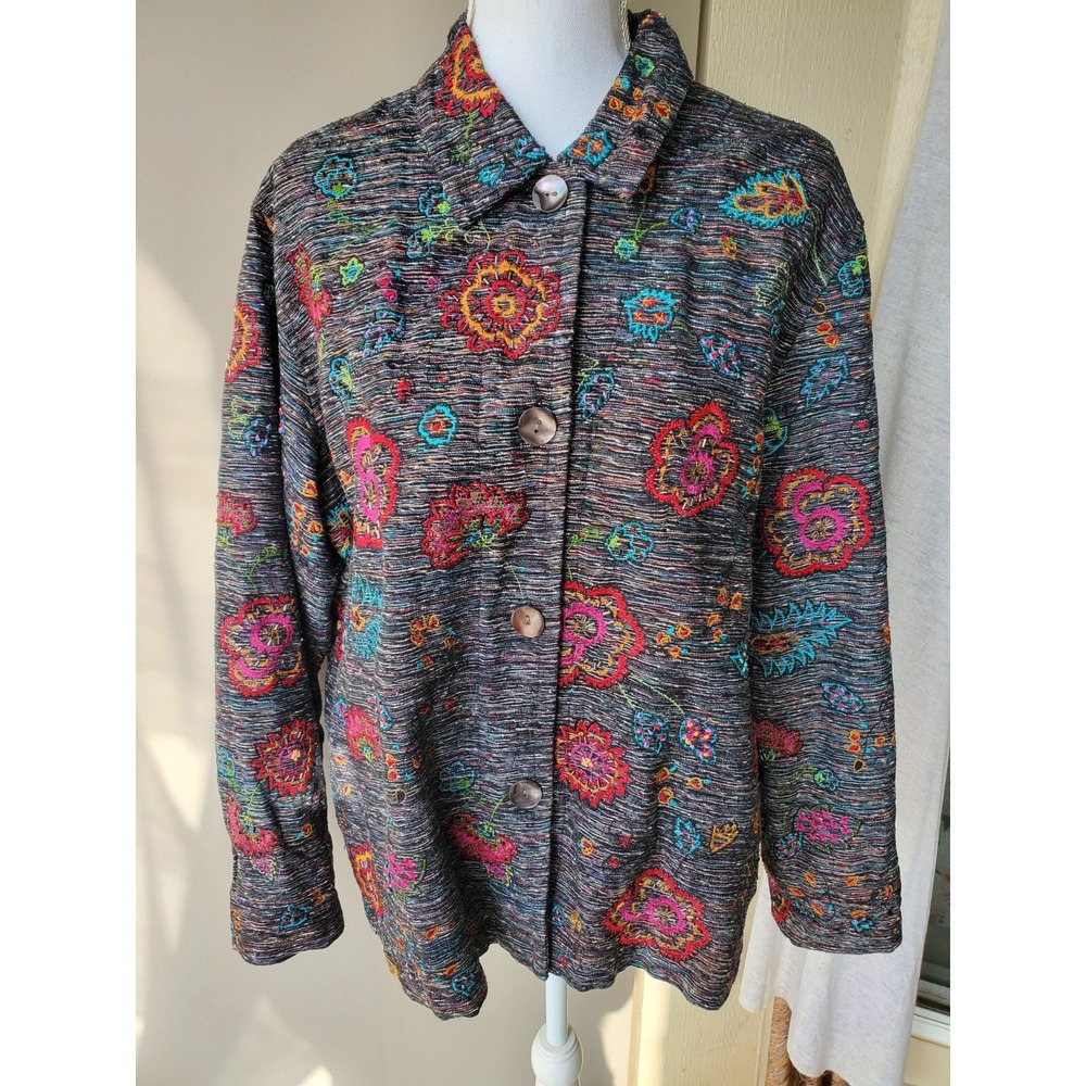 Chicos Design 2 Jacket Womens Large Gray Pink Blue Floral Slub Art To Wear